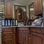 kitchen corner with brown cabinets